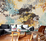 个性简约抽象艺术油画树林树叶大型壁画卧室沙发背景墙纸无缝壁纸
