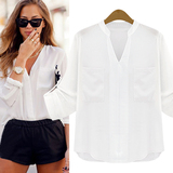 V领衬衫夏季女装宽松套头七分袖白色衬衣上衣职业显瘦雪纺白衬衫