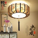 中国风简约新中式吸顶灯圆形手绘花鸟双层布艺卧室复古古典灯具