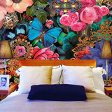 定制彩色蝴蝶花卉大型壁画 客厅电视沙发背景墙纸 中式手绘壁纸