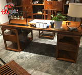 新中式实木书桌椅组合 雕花办公桌禅意原木色 样板房书房家具定制