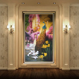 高档动物孔雀油画欧式装饰竖版玄关客厅挂画餐厅卧室纯手绘聚宝盆