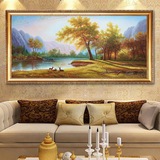 欧式山水风景油画聚宝盆中式客厅装饰画现代背景墙画横版风水挂画