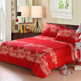单人双人全棉磨毛加厚结婚床品枕套一对大红被单单件婚庆床单单件