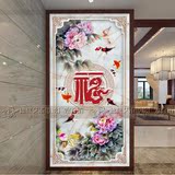 中式艺术玻璃玄关过道 客厅背景墙 屏风隔断 雕刻双面工艺 牡丹花