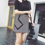 夏季新款韩版a字裙短裙修身显瘦双层黑白菱形竖条纹半身裙高腰女