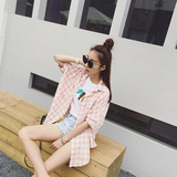 韩版宽松中袖粉丝格子衬衫中长款棉麻休闲长款薄款短袖外套女衬衣