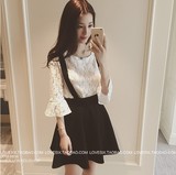 2016夏秋装韩国新款蕾丝上衣+背带半身裙套装连衣淑女裙中袖伞裙
