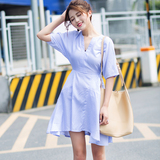 2016夏季韩国衬衫学院风A字裙子条纹高腰中长款学生小清新连衣裙