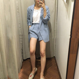 韩国代购2016夏装新款中长款西装外套短裤套装棉麻休闲小西服女潮