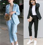 西装套装女韩国时尚复古小西服外套高腰小脚九分长裤职业OL两件套