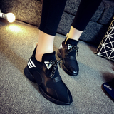 欧洲站2016新款黑色运动鞋女系带真皮休闲鞋内增高女鞋高帮鞋厚底