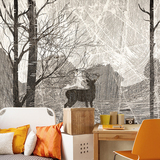 北欧手绘抽象复古墙纸客厅卧室电视背景壁纸麋鹿树林大型定制壁画