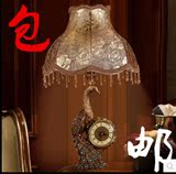欧式复古典奢华孔雀带钟表卧室床头婚房客厅书房LED树脂装饰台灯