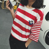 韩国东大门代购夏季新款女装 心形刺绣海军船长横条纹韩范宽松T恤
