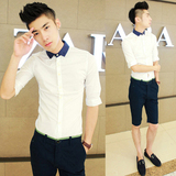 韩版男士修身七分袖衬衫夜店蕾丝衬衫潮流个性免烫拼接短袖白寸衣