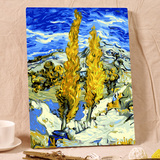 自油自画 亚麻画布diy数字油画客厅风景手绘装饰画 圣雷米的白杨