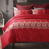 欧式婚庆全棉四件套大红色结婚床上用品被套床单刺绣新婚庆床品