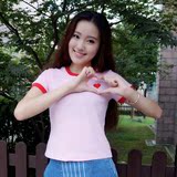 短袖t恤女款2016夏季韩版粉色爱心刺绣纯棉圆领潮款上衣打底衫