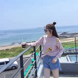 秋装新款韩版卡通笑脸刺绣贴布粉色圆领套头韩国女式长袖卫衣AJ06