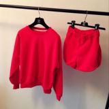 2016春装新款女装宽松套头卫衣休闲短裤运动服两件套装大红色春季