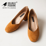 橘子布丁/独立设计/复古日系方头中口羊反绒中跟粗跟森女单鞋O39