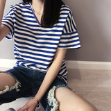 韩国正品V领蓝白条纹t恤女短袖宽松韩版2016夏季新款女装海魂衫潮
