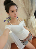 2016夏季新款韩版白色短袖上衣 女士修身交叉露背紧身短款时尚T恤