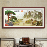 中式迎客松山水画客厅背景装饰画卧室简约壁画办公室挂画有框横幅