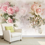 欧式复古田园壁画水彩手绘玫瑰花卉个性壁纸卧室沙发电视背景墙纸