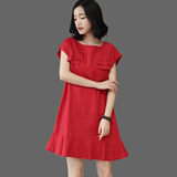 大码大红色连衣裙韩版短袖显瘦亚麻麻布麻料直筒裙子夏连衣裙宽松
