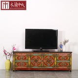 中式彩绘电视柜 新古典做旧西藏式复古客厅储物矮柜装饰柜定制