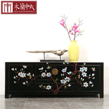 新中式手绘黑漆玉兰花电视柜 全实木简约彩绘客厅储物装饰矮柜