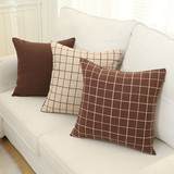 美式棉麻绣花抱枕 咖色格子床上靠枕现代简约沙发靠垫套可定做