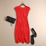 外贸原单 西班牙高端 美如画 正红 全棉蕾丝修身款包袖连衣裙