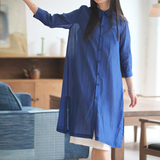 【粼粼】慢慢变蓝原创女装16年春新款丝棉宽松七分袖长款衬衫预售