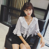 小羽家自制款2016夏季新女韩版衬衫荷叶系带V领双层喇叭袖雪纺衫