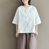 素旧安歌文艺复古日系麻中袖罩衫宽松大码显瘦防晒衣外套女夏T恤