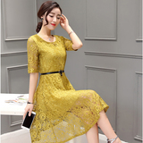 夏季新款韩版女装镂空圆领蕾丝打底连衣裙套装修身中长款A字裙