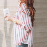 AISS原创设计 夏季韩版宽松条纹防晒长袖棉麻衬衫女装 蝙蝠袖衬衣