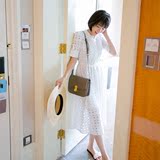 韩国无敌重工刺绣 白色蕾丝网纱镂空短袖连衣裙长裙+吊带裙两件套
