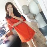 于momo定制 韩版中长款夏季宽松圆领拼接镂空蕾丝短袖橘色连衣裙