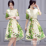 2016夏季新款A字连衣裙韩版中长款短袖修身高腰欧根纱时尚印花裙