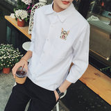 BWXD夏季新款韩版猫咪刺绣潮流七分袖衬衣男青少年纯色半袖衬衫男