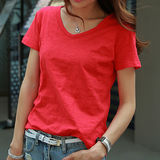 夏装新款韩版大红色简约丅恤宽松休闲竹节棉圆领短袖T恤女体恤上
