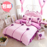 新款韩版紫色蕾丝花朵全棉四件套简约纯色公主纯棉床裙式床上用品
