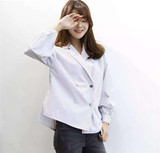 韩国东大门 HANA 条纹衬衫女2016春季新款女装上衣前中后长衫衣潮