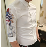 白衬衫男2016夏季韩版脸谱印花修身长袖上衣青年学生中袖立领衬衣