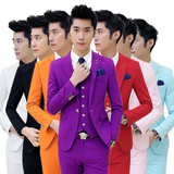 夜店歌手潮男士韩版修身三件西服套装主持人西装礼服天蓝白紫橘色