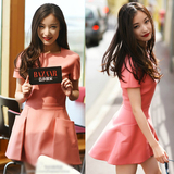 2016春夏韩版女装倪妮明星同款修身显瘦高腰粉色短袖连衣裙短裙女